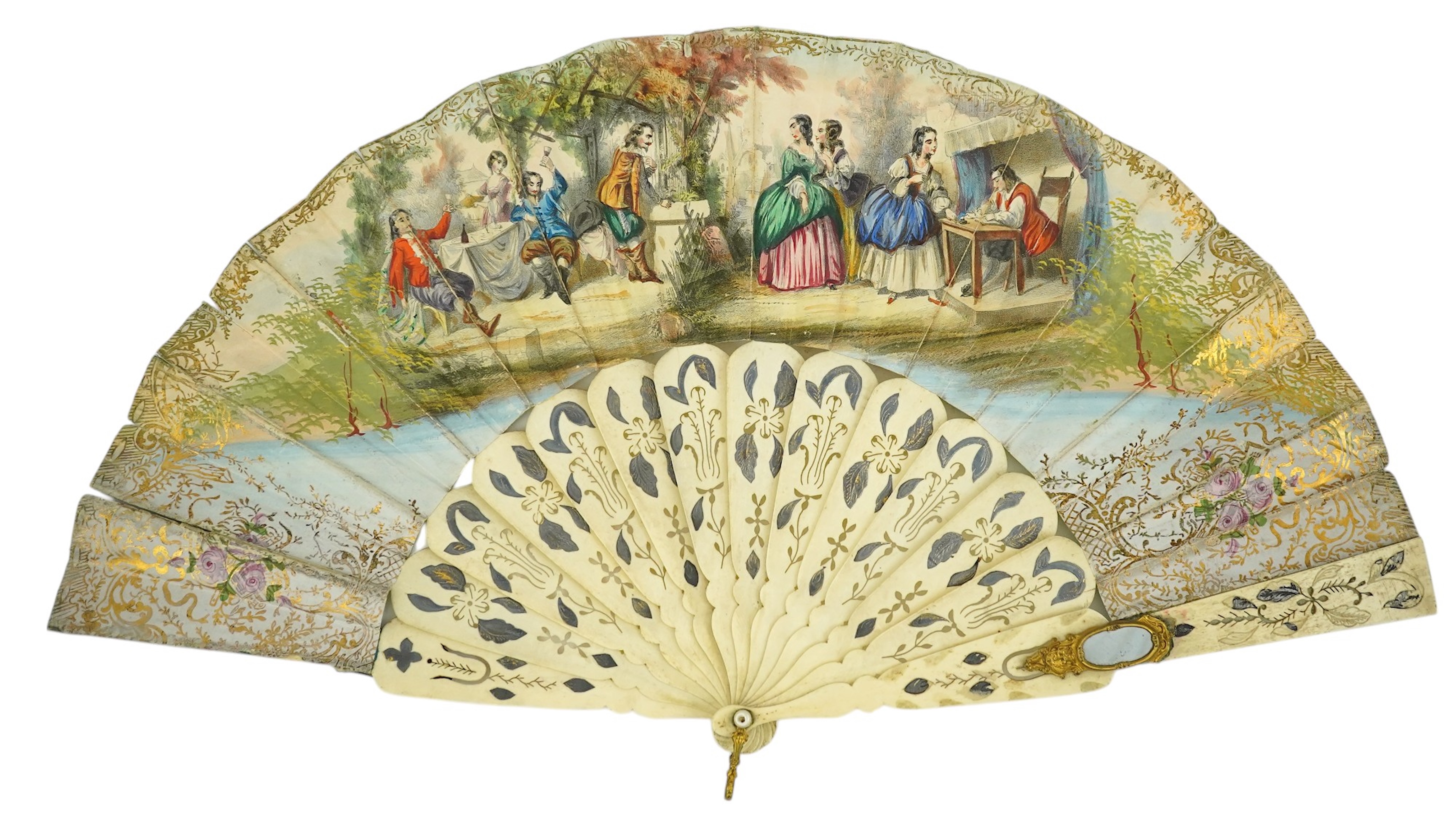 Three French fans: a mother of pearl and sequin fan boxed, a painted silk, feather and bone fan and a gilt decorated bone figural paper fan, the two bone fans having gilt mirrored mounts on the guards, figural paper fan